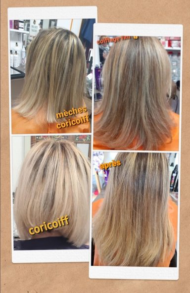 Transformations de coiffure montrant différentes nuances de blond.
